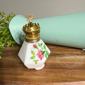 Vintage Milk Glass Oil Lamp Gold Accents Floral Pattern Pink Roses Ceramic